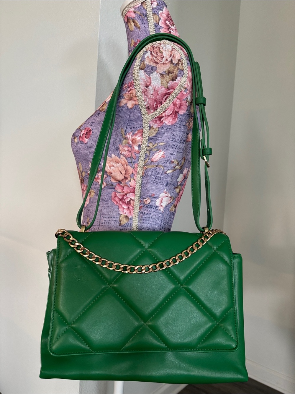 a new day Green Quilted Shoulder Bag with Gold Chain Accent